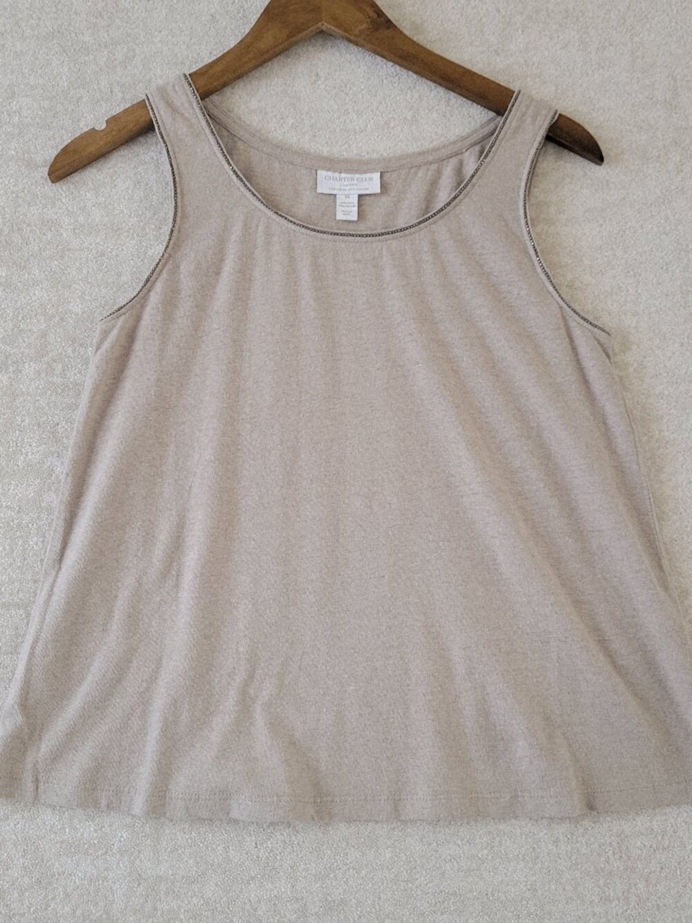 Charter Club Luxury Linen Cotton Blend Tank XS Beige Bead Trim Minimalist Layer